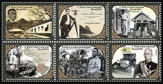 5 de Maio - Sextilha de seis selos em homenagem aos 150 anos de nascimento do Marechal Cândido Mariano da Silva Rondon. Imagem - Acervo Joficur.