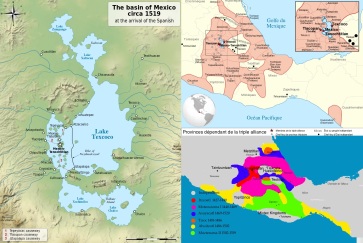 7 de Julho – (Esq.) O Vale do México na época da conquista espanhola (1519). (Dir. acima) Mapa do império e as áreas conquistadas por cada governante asteca. (Dir. à baixo) A exte