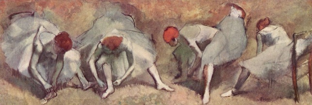 19 de Julho - Dançarinas atando as sapatilhas, cerca de 1893-1898, Museu de Arte de Clevland, Ohio - Edgar Degas.