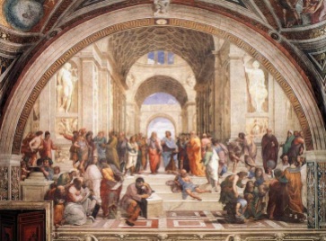 6 de Abril - 1483 — Rafael, pintor e arquiteto italiano (m. 1520) - A Escola de Atenas, 1509, Stanza della Segnatura, Museus Vaticanos.