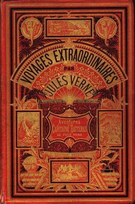 24 de Março - Júlio Verne, autor francês - Capa das edições Hetzel de 'Viagens Extraordinárias - O capitão Hatteras - 1864-1867'.