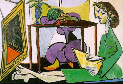 8 de Abril - 1973 — Pablo Picasso, pintor espanhol (n. 1881) - Interior com garota desenho, pintura à óleo sobre de Pablo Picasso (1881-1973, Espanha).