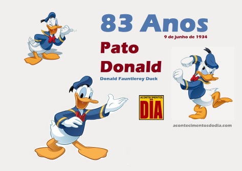 9 de Junho - 1934 — Pato Donald, personagem de desenhos animados e histórias em quadrinhos dos estúdios de Walt Disney.