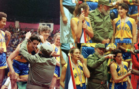 11 de março - Magic Paula, jogadora de basquetebol, 6, com Hortencia e Fidel Castro